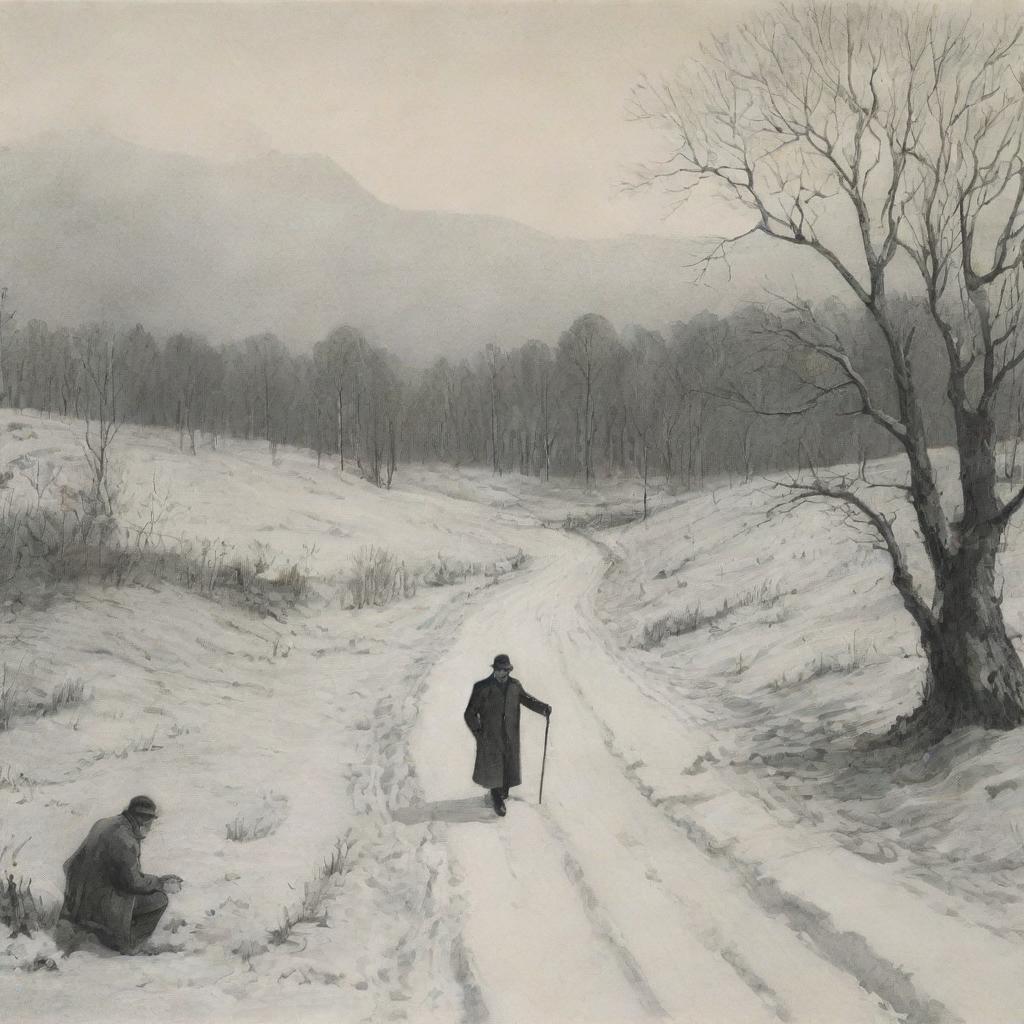 Illustration depicting scenes from the novella 'Intermezzo' by Mykhailo Kotsiubynsky, emphasizing the contrast between the natural landscape and the plight of the protagonist.