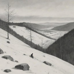 Illustration depicting scenes from the novella 'Intermezzo' by Mykhailo Kotsiubynsky, emphasizing the contrast between the natural landscape and the plight of the protagonist.