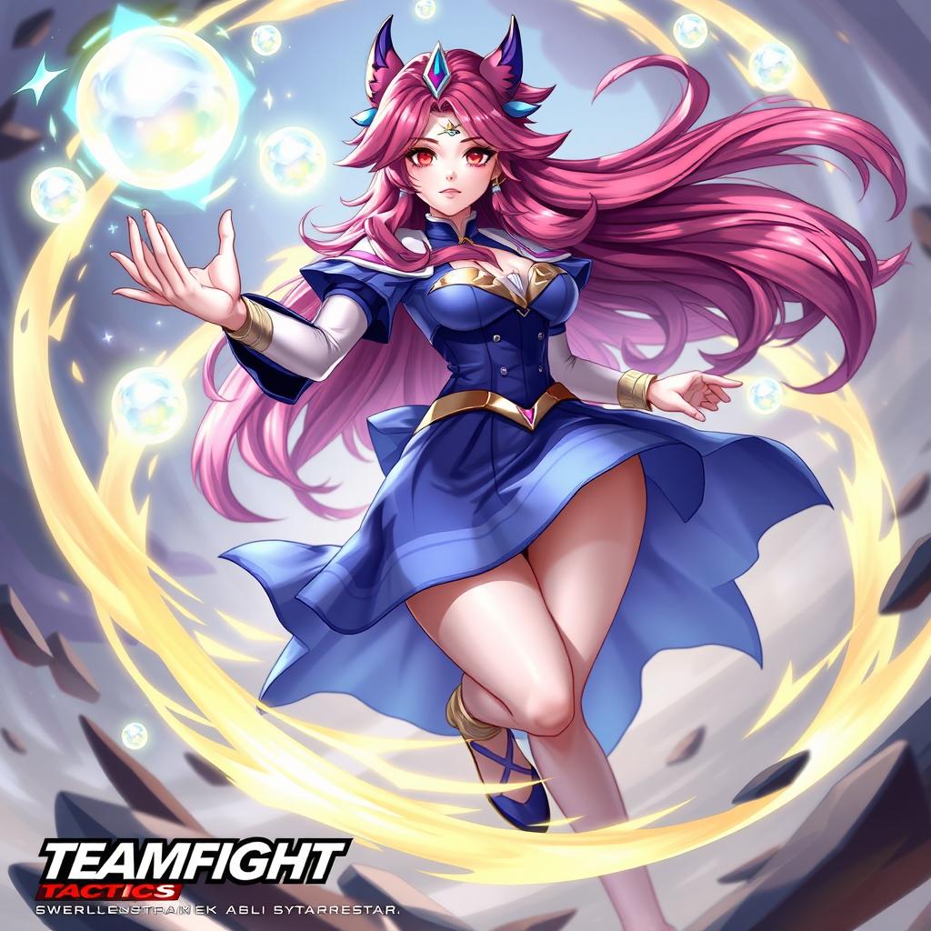 A detailed and vibrant illustration of Ahri from Teamfight Tactics, showcasing her in a dynamic and magical pose