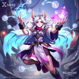 A detailed and vibrant illustration of Ahri from Teamfight Tactics, showcasing her in a dynamic and magical pose