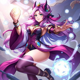 A detailed and vibrant illustration of Ahri from Teamfight Tactics, showcasing her in a dynamic and magical pose