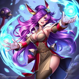 A detailed and vibrant illustration of Ahri from Teamfight Tactics, showcasing her in a dynamic and magical pose