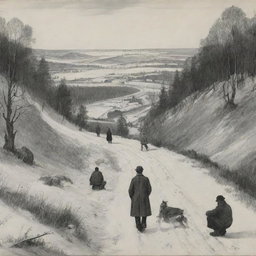 Illustration depicting scenes from the novella 'Intermezzo' by Mykhailo Kotsiubynsky, emphasizing the contrast between the natural landscape and the plight of the protagonist.