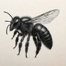 A meticulously detailed drawing of a bold, black bee