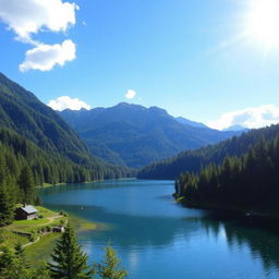 A beautiful landscape featuring a serene lake surrounded by lush green forests and majestic mountains in the background