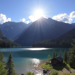 A beautiful landscape featuring a serene lake surrounded by lush green forests and majestic mountains in the background