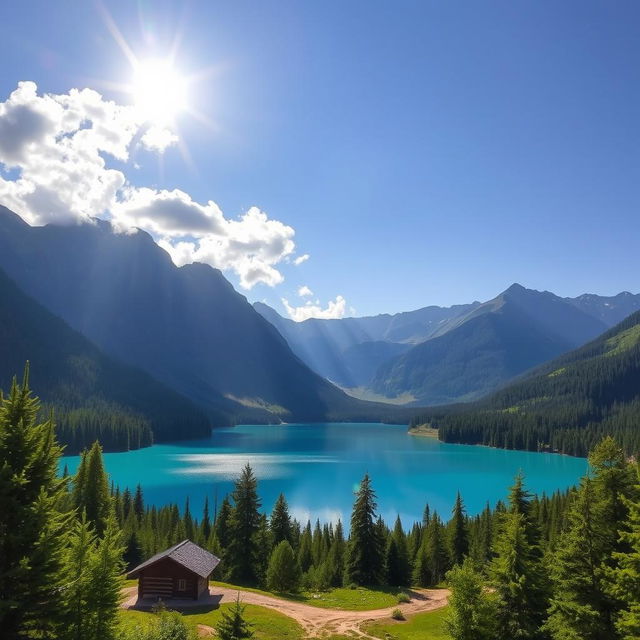 A beautiful landscape featuring a serene lake surrounded by lush green forests and majestic mountains in the background