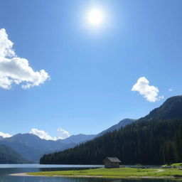 A beautiful landscape featuring a serene lake surrounded by lush green forests and majestic mountains in the background