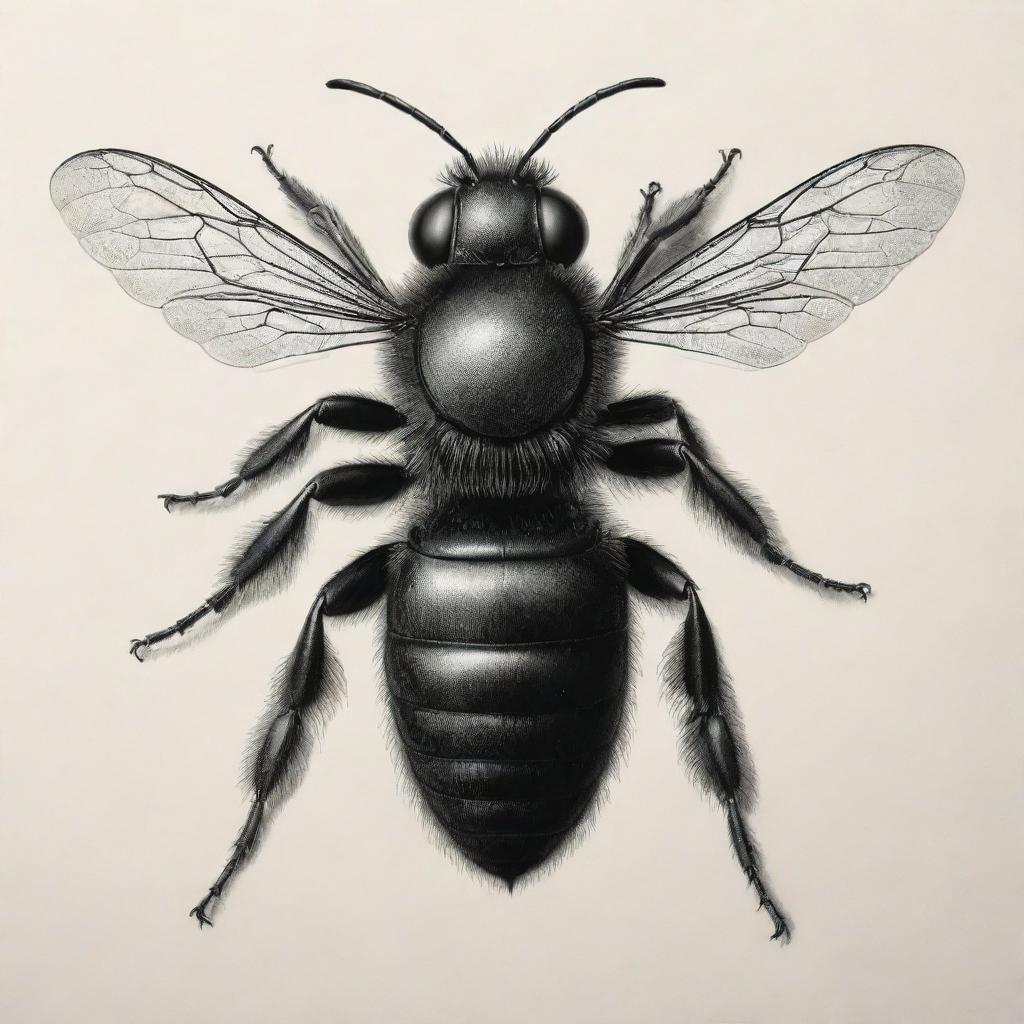 A meticulously detailed drawing of a bold, black bee