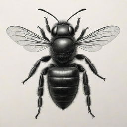 A meticulously detailed drawing of a bold, black bee