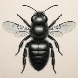 A meticulously detailed drawing of a bold, black bee