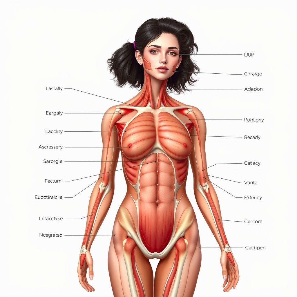 Generate an educational image of a woman for anatomy purposes, showing all parts of the body clearly