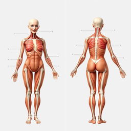 Generate an educational image of a woman for anatomy purposes, showing all parts of the body clearly