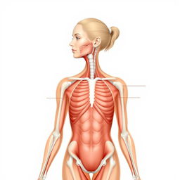 Generate an educational image of a woman for anatomy purposes, showing all parts of the body clearly