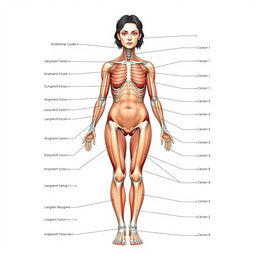 Generate an educational image of a woman for anatomy purposes, showing all parts of the body clearly