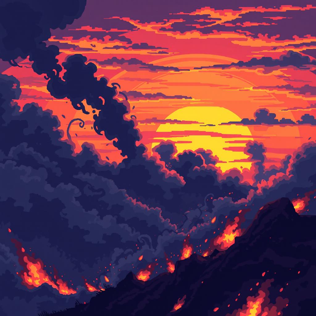 Create a pixel art sunset sky engulfed in flames, designed in the style of a platformer or beat 'em up game