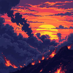 Create a pixel art sunset sky engulfed in flames, designed in the style of a platformer or beat 'em up game