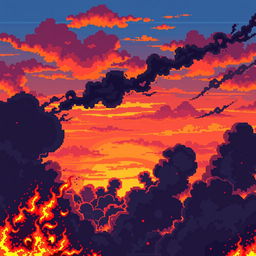 Create a pixel art sunset sky engulfed in flames, designed in the style of a platformer or beat 'em up game