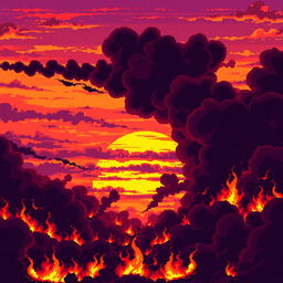 Create a pixel art sunset sky engulfed in flames, designed in the style of a platformer or beat 'em up game