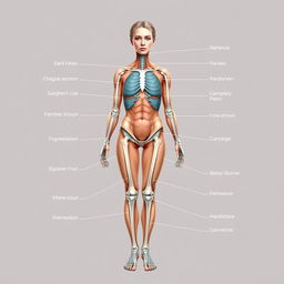 Generate an educational image of an ordinary woman for anatomy purposes, showing all parts of the body clearly