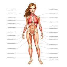 Generate an educational image of an ordinary woman for anatomy purposes, showing all parts of the body clearly