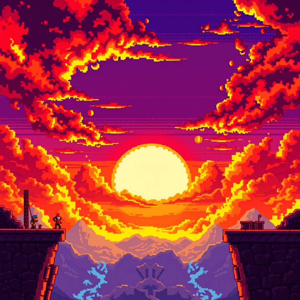 Create a pixel art scene depicting a sunrise in flames, in the style of a platformer or beat 'em up game