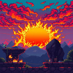 Create a pixel art scene depicting a sunrise in flames, in the style of a platformer or beat 'em up game