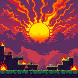 Create a pixel art scene depicting a sunrise in flames, in the style of a platformer or beat 'em up game