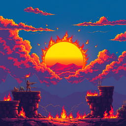 Create a pixel art scene depicting a sunrise in flames, in the style of a platformer or beat 'em up game