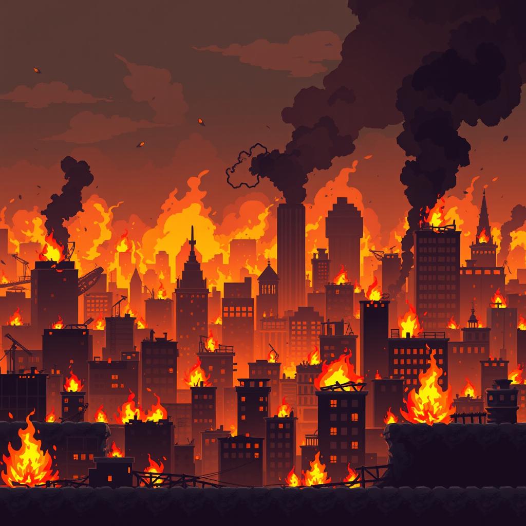 Create a pixel art scene of a city engulfed in flames, designed in the style of a platformer or beat 'em up game