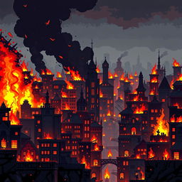 Create a pixel art scene of a city engulfed in flames, designed in the style of a platformer or beat 'em up game