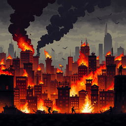 Create a pixel art scene of a city engulfed in flames, designed in the style of a platformer or beat 'em up game