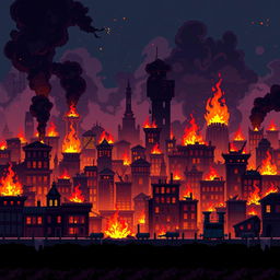 Create a pixel art scene of a city engulfed in flames, designed in the style of a platformer or beat 'em up game