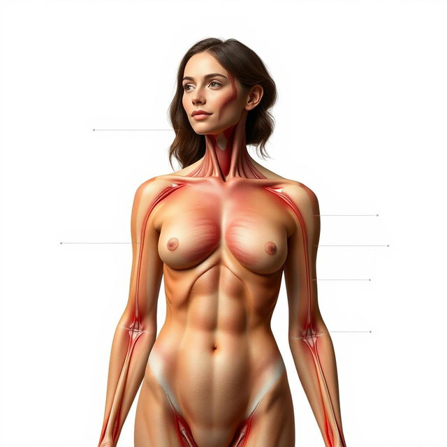 Generate an educational image of an ordinary woman without clothing for anatomy purposes, showing all parts of the body clearly