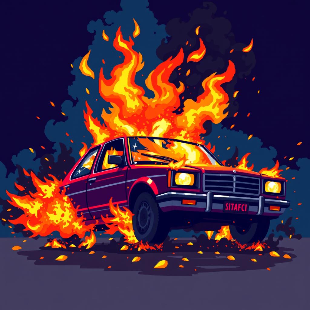 Create a pixel art scene of a car engulfed in flames, designed in the style of a beat 'em up game