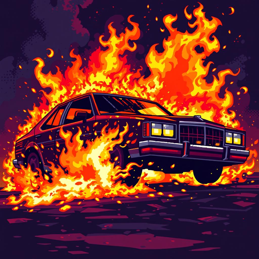 Create a pixel art scene of a car engulfed in flames, designed in the style of a beat 'em up game