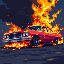 Create a pixel art scene of a car engulfed in flames, designed in the style of a beat 'em up game