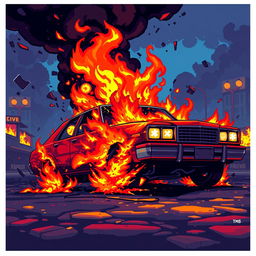 Create a pixel art scene of a car engulfed in flames, designed in the style of a beat 'em up game