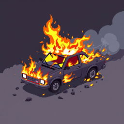 Create a pixel art image of a car engulfed in flames, designed in the style of a platformer game