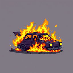 Create a pixel art image of a car engulfed in flames, designed in the style of a platformer game