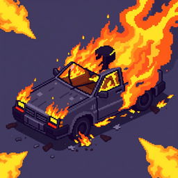 Create a pixel art image of a car engulfed in flames, designed in the style of a platformer game