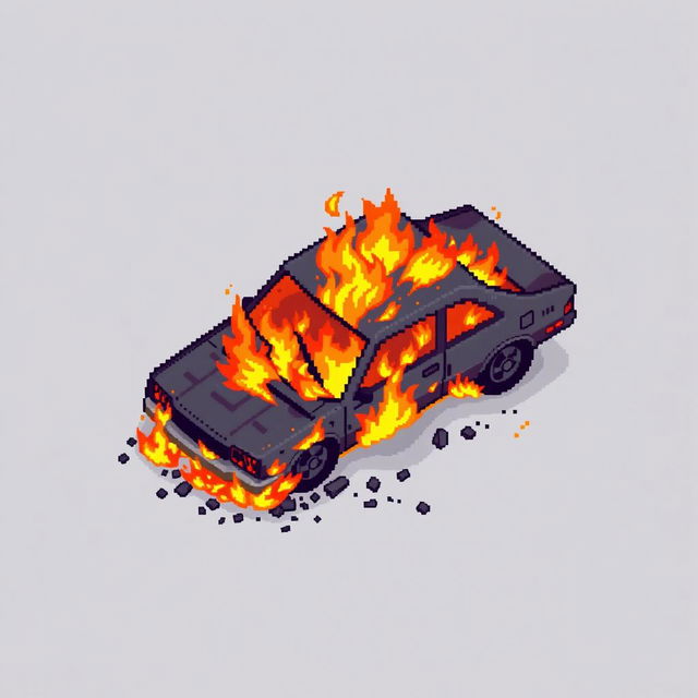 Create a pixel art image of a car engulfed in flames, designed in the style of a platformer game