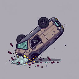 Create a pixel art image of an overturned car, designed in the style of a platformer game