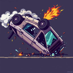 Create a pixel art image of an overturned car, designed in the style of a platformer game