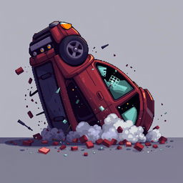 Create a pixel art image of an overturned car, designed in the style of a platformer game