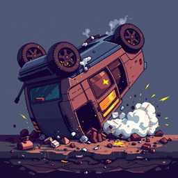 Create a pixel art image of an overturned car, designed in the style of a platformer game