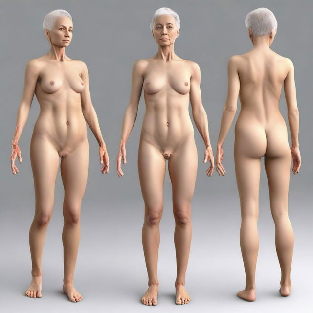 Generate an educational image of an ordinary woman without clothing for anatomy purposes, showing all parts of the body clearly