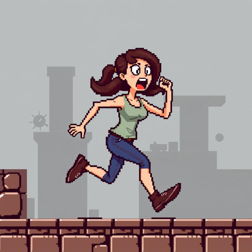 Create a pixel art sprite of a woman running scared in the style of a platformer game