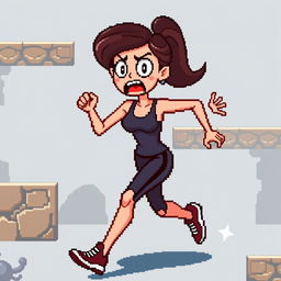 Create a pixel art sprite of a woman running scared in the style of a platformer game