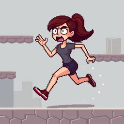 Create a pixel art sprite of a woman running scared in the style of a platformer game